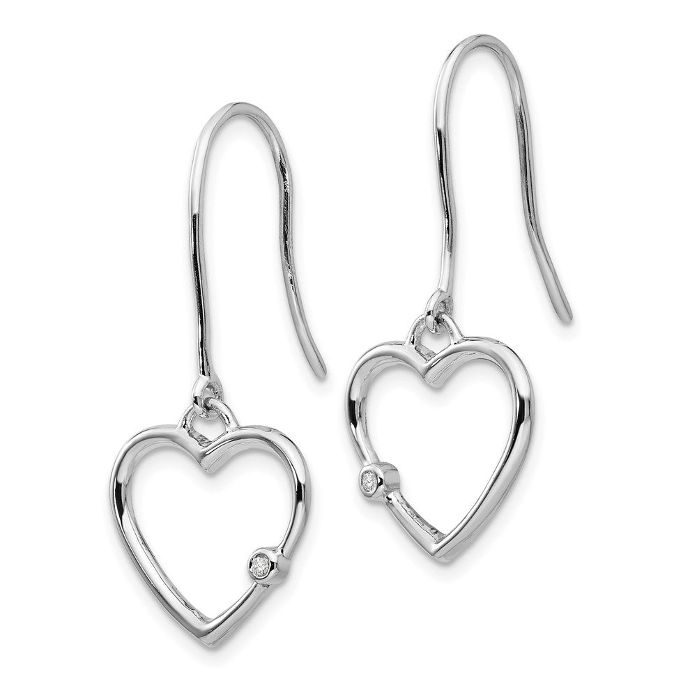 Sterling Silver RH Plated White Ice Diamond Heart Dangle Earrings