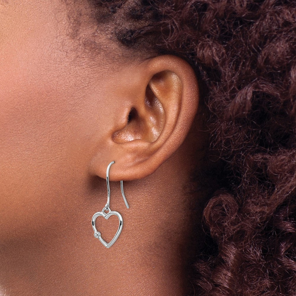 Sterling Silver RH Plated White Ice Diamond Heart Dangle Earrings