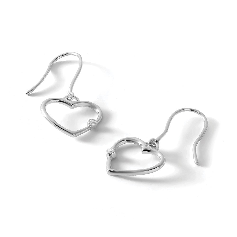 Sterling Silver RH Plated White Ice Diamond Heart Dangle Earrings