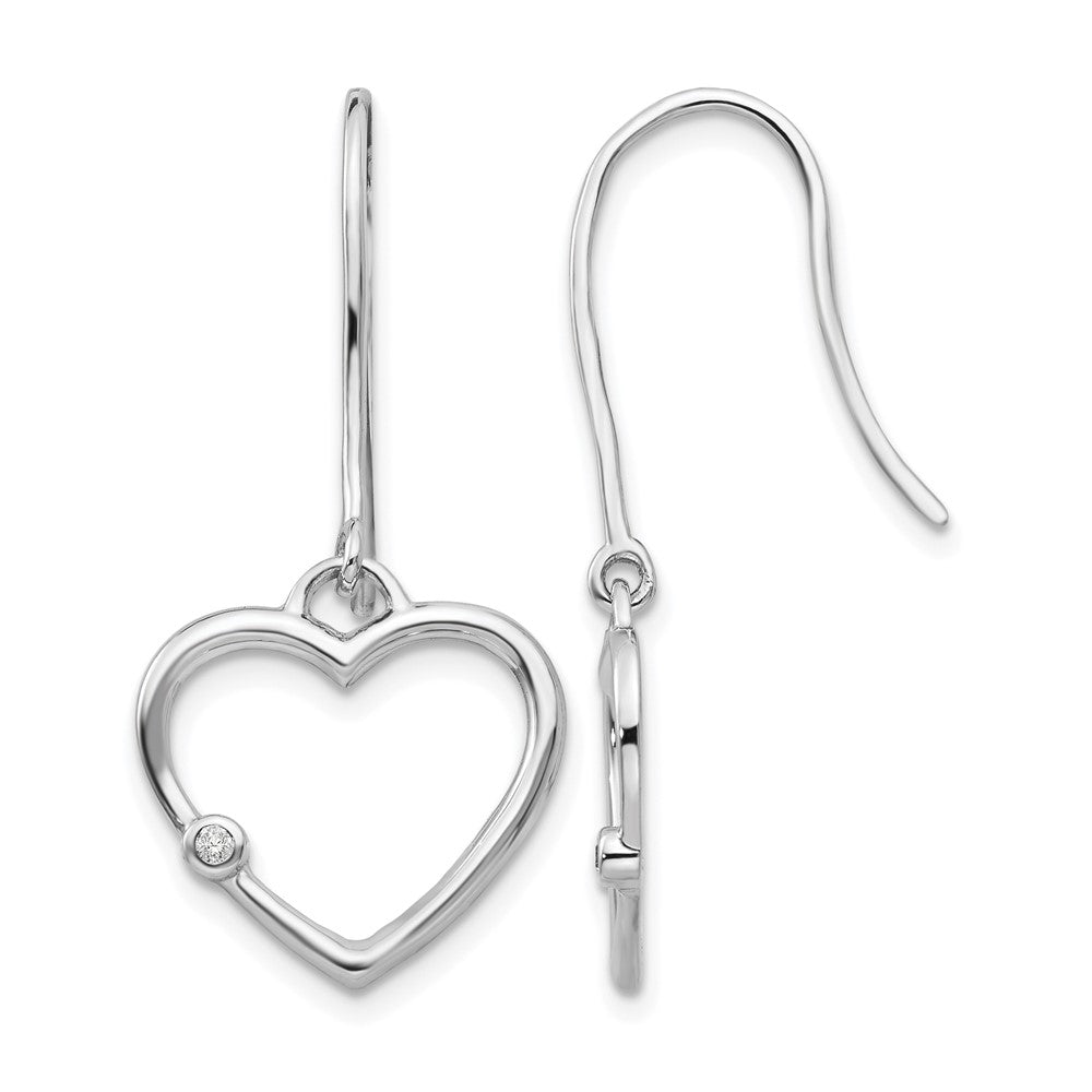 Sterling Silver RH Plated White Ice Diamond Heart Dangle Earrings