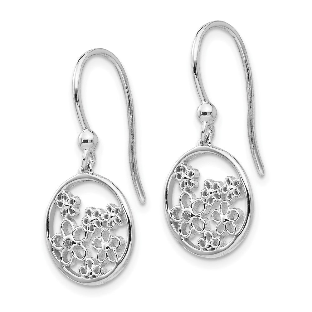 Sterling Silver RH Plated White Ice .01ct Dia. Flowers Dangle Earrings