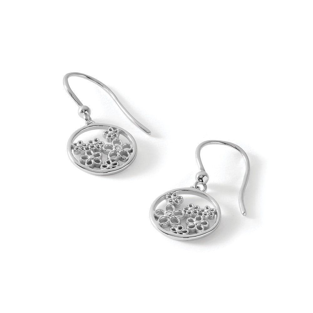 Sterling Silver RH Plated White Ice .01ct Dia. Flowers Dangle Earrings