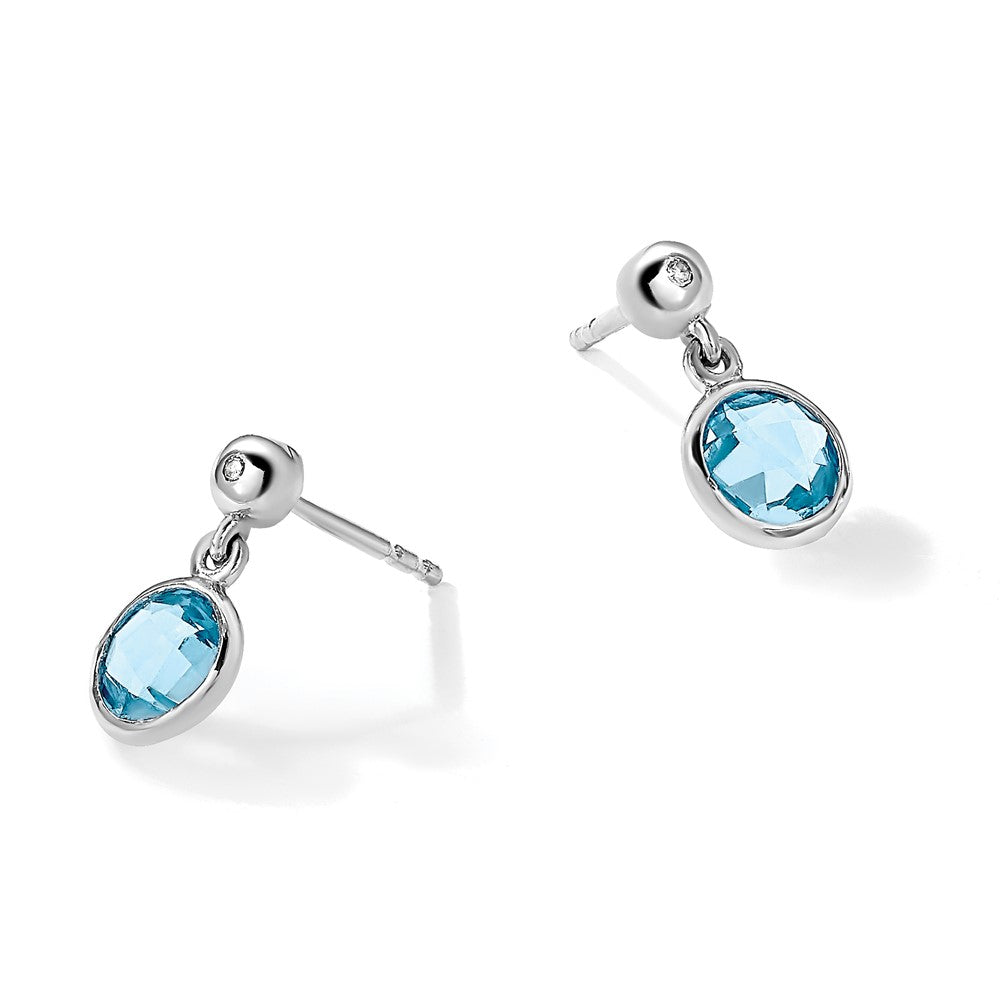 Sterling Silver RH Plated White Ice Blue Topaz And Diamond Post Earrings