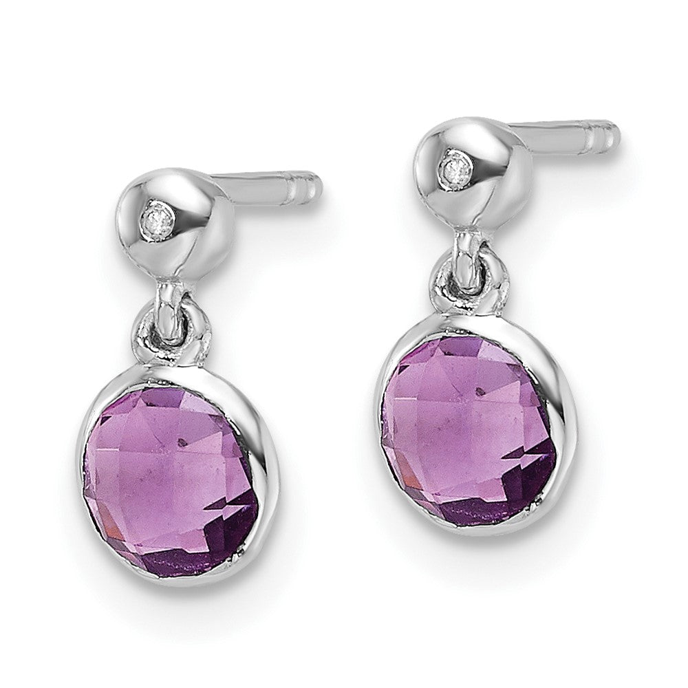 Sterling Silver RH Plated White Ice Diamond and Amethyst Post Earrings