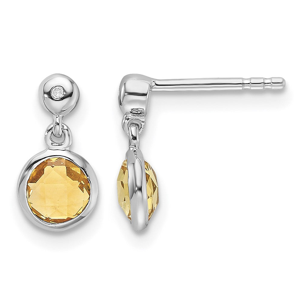 Sterling Silver RH Plated White Ice Diamond and Citrine Post Earrings