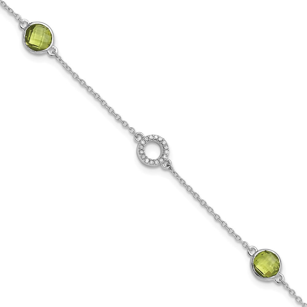 SS RH Plated White Ice Diamond & Peridot w/1IN Ext. Bracelet