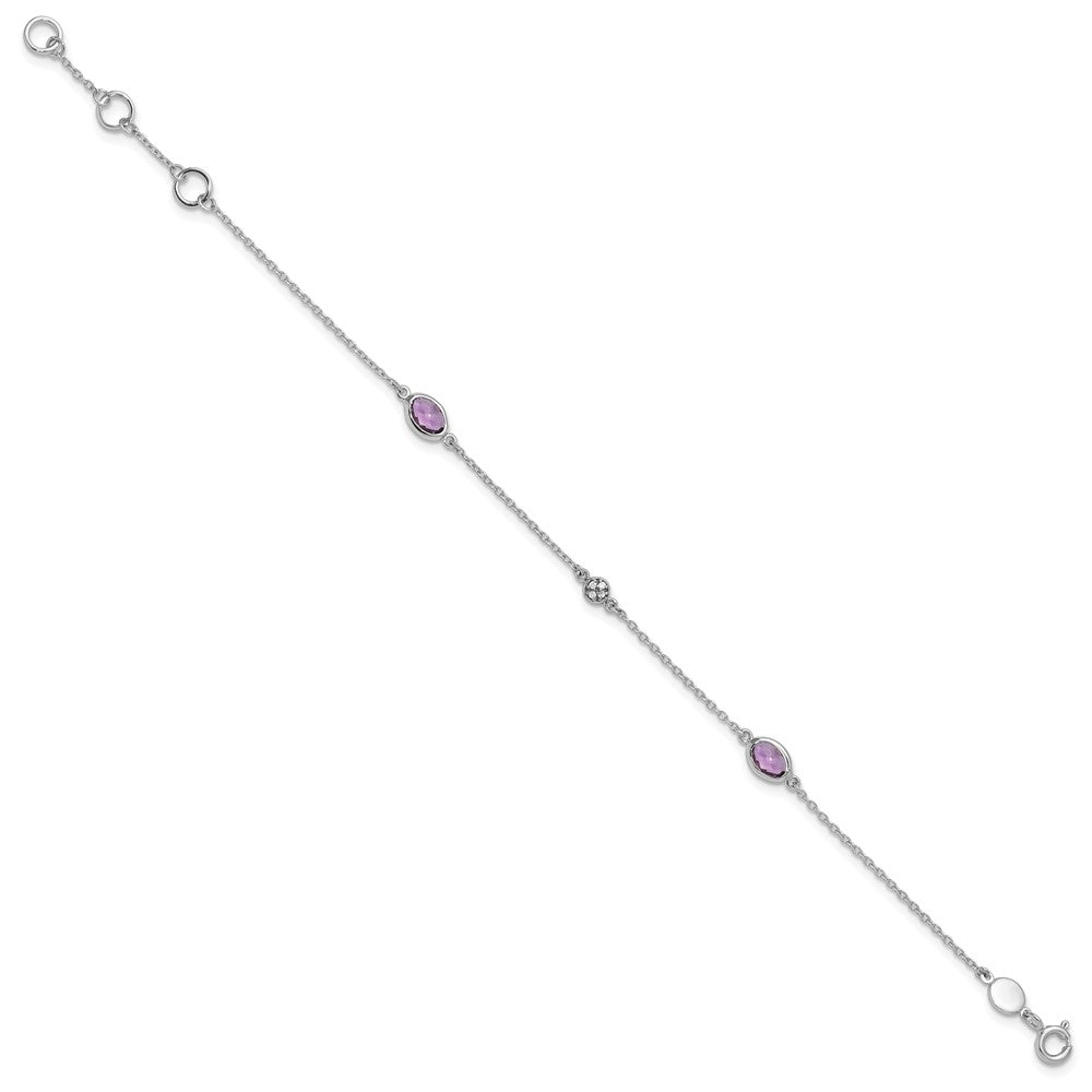 SS RH Plated White Ice Amethyst and Diamond with 1IN ext Bracelet