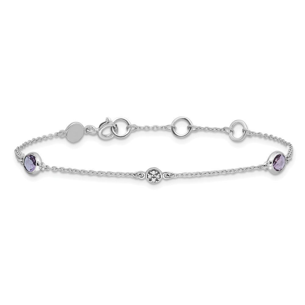 SS RH Plated White Ice Amethyst and Diamond with 1IN ext Bracelet