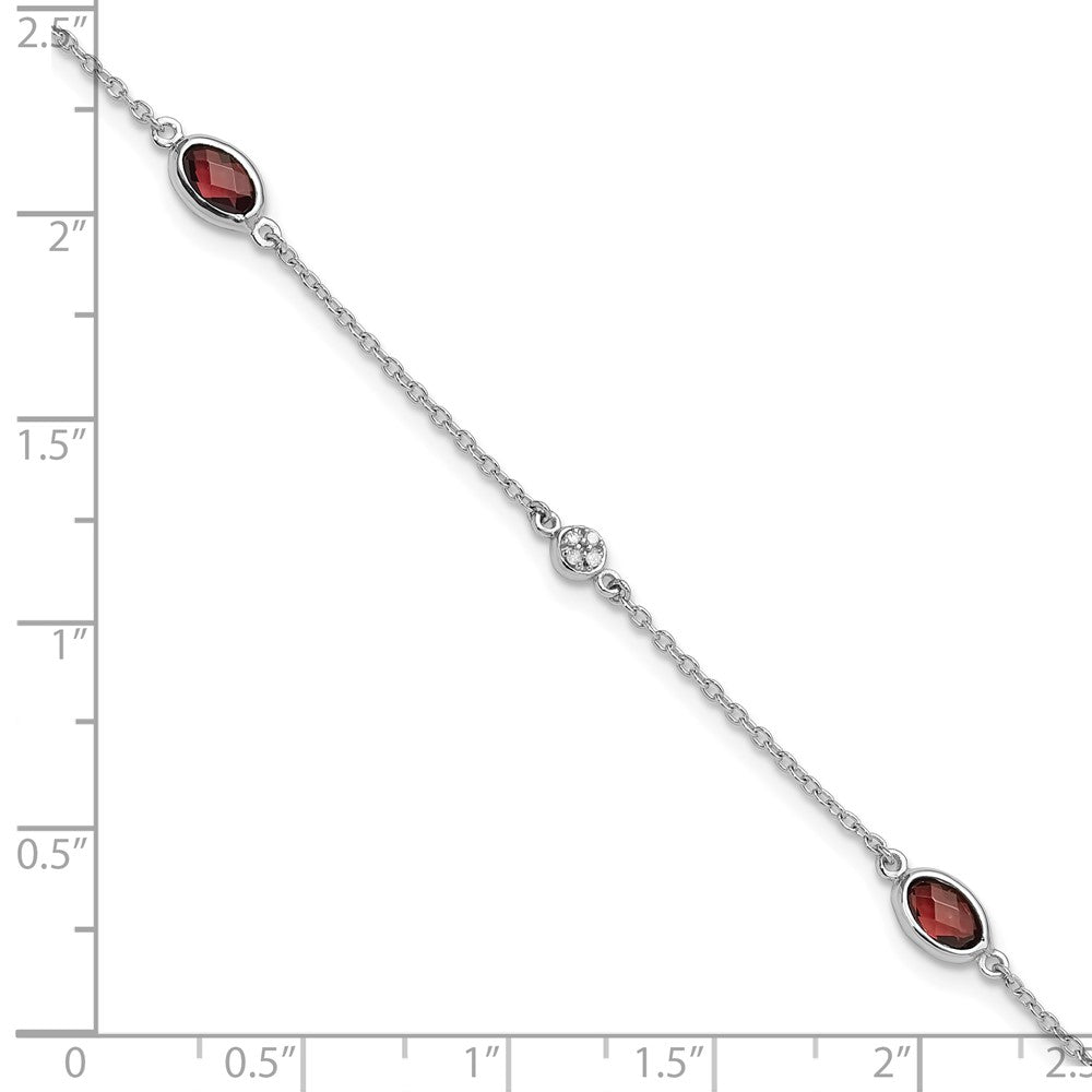 SS RH Plated White Ice Diamond and Garnet with 1.25 IN Ext Bracelet