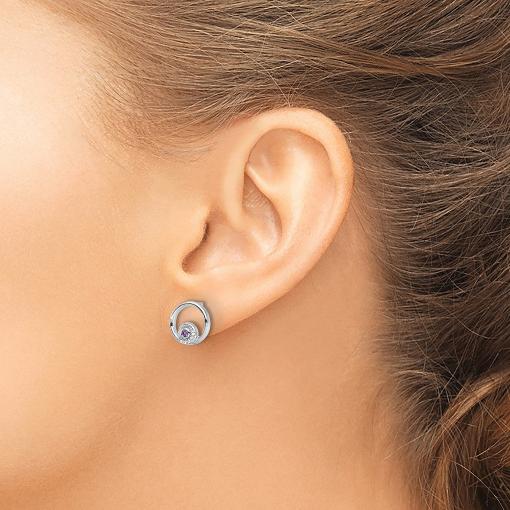 Sterling Silver RH Plated White Ice .03ct. Dia. and Amethyst Post Earrings