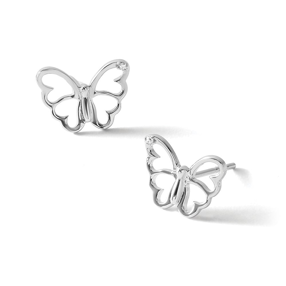 Sterling Silver RH Plated White Ice .01 ct Dia. Butterfly Post Earrings