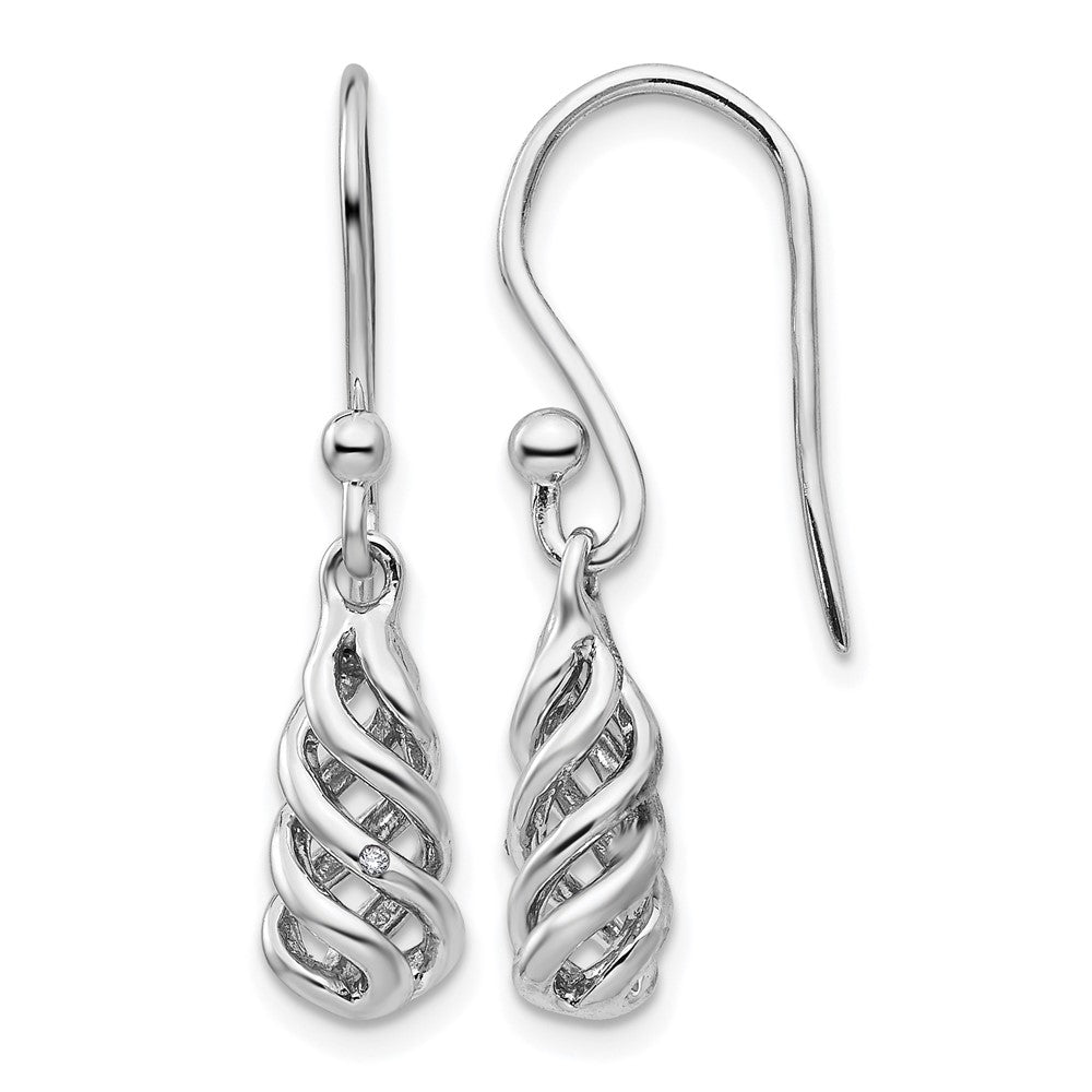 Sterling Silver RH Plated White Ice .01ct Diamond Spiral Dangle Earrings