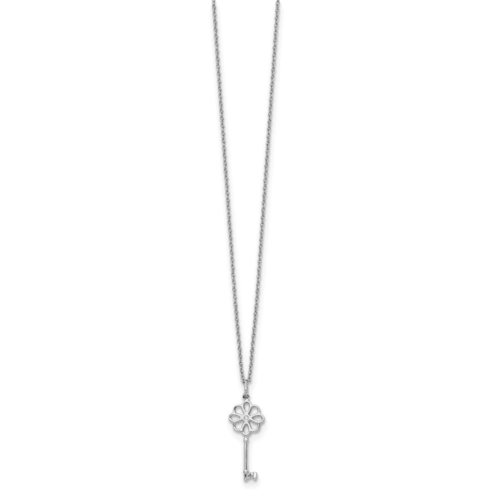 Sterling Silver RH Plated White Ice Diamond Flower Key Necklace