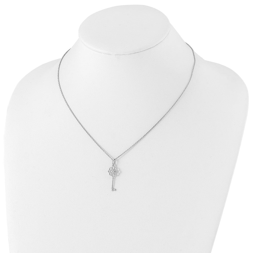 Sterling Silver RH Plated White Ice Diamond Flower Key Necklace