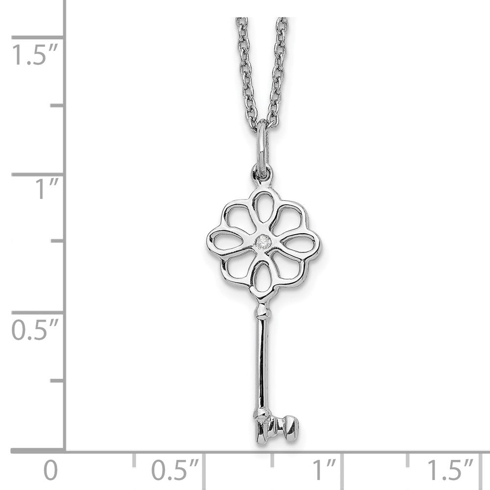 Sterling Silver RH Plated White Ice Diamond Flower Key Necklace