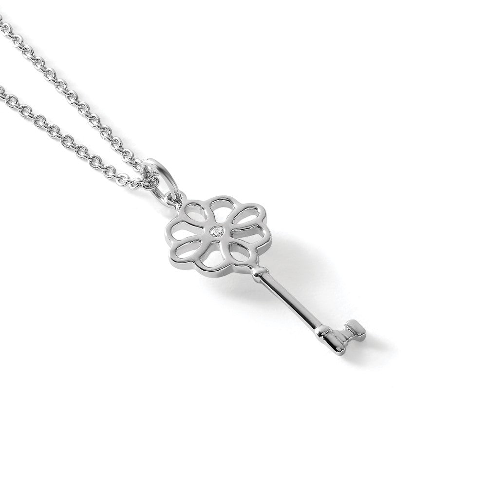 Sterling Silver RH Plated White Ice Diamond Flower Key Necklace