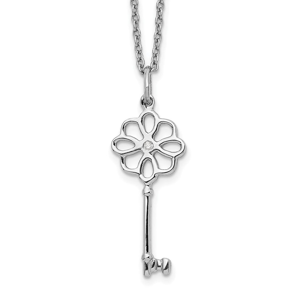 Sterling Silver RH Plated White Ice Diamond Flower Key Necklace
