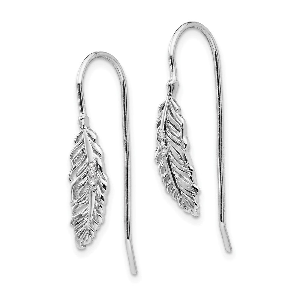 Sterling Silver RH Plated White Ice Diamond Feather Dangle Earrings