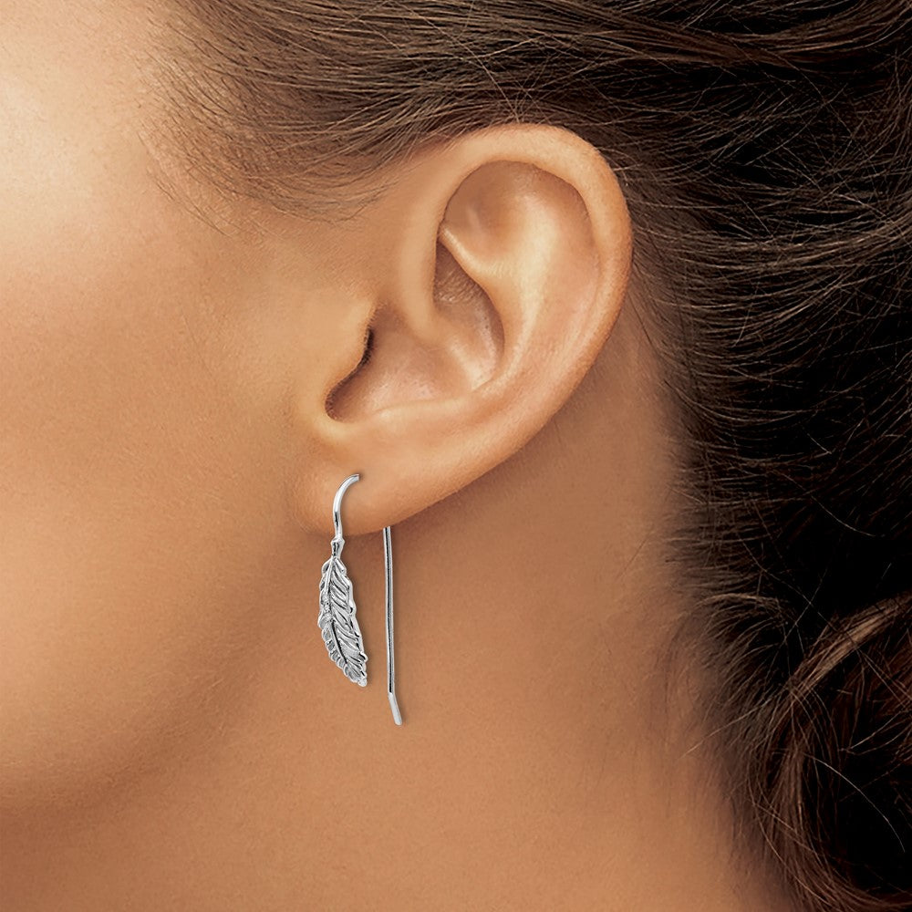 Sterling Silver RH Plated White Ice Diamond Feather Dangle Earrings