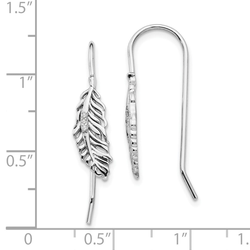 Sterling Silver RH Plated White Ice Diamond Feather Dangle Earrings