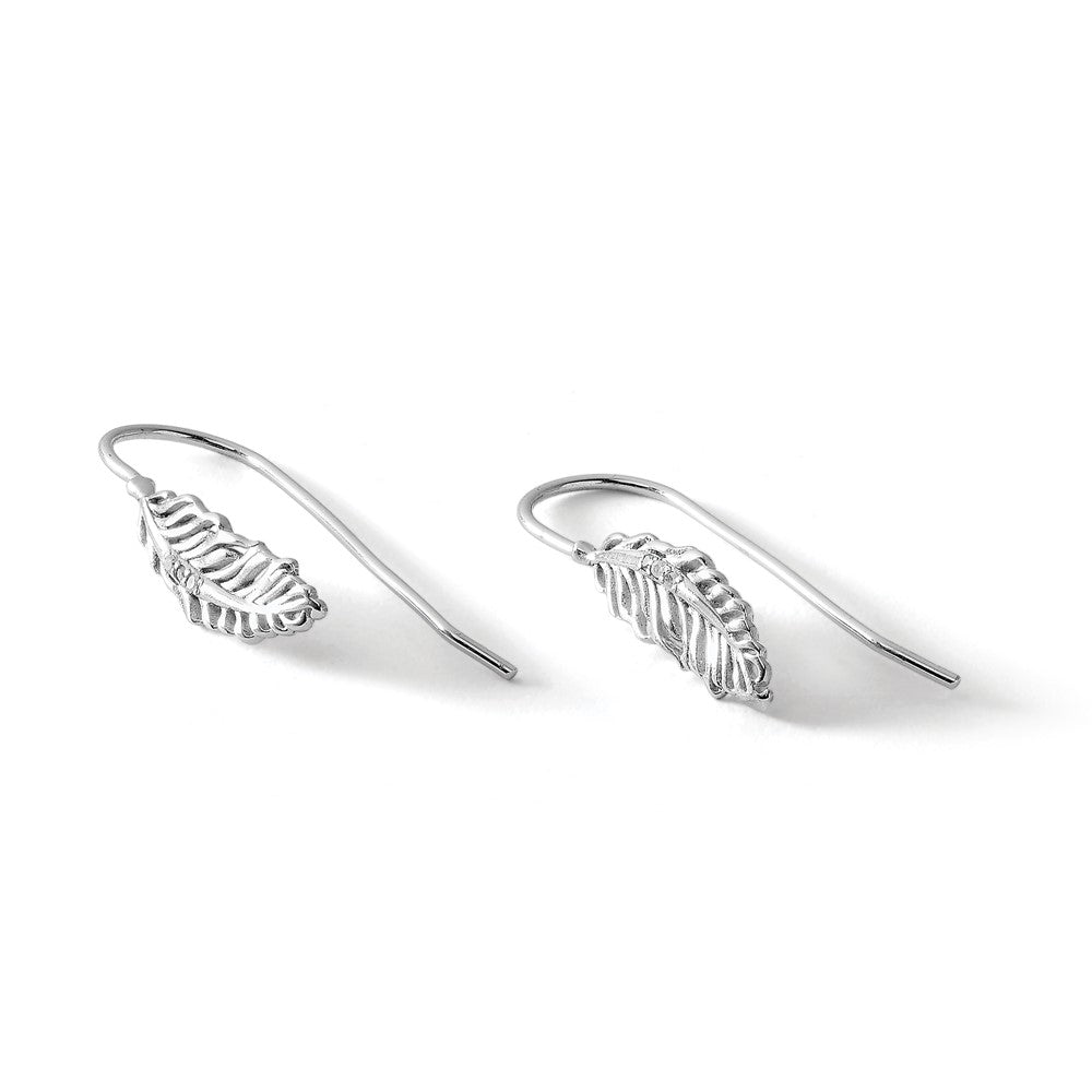 Sterling Silver RH Plated White Ice Diamond Feather Dangle Earrings