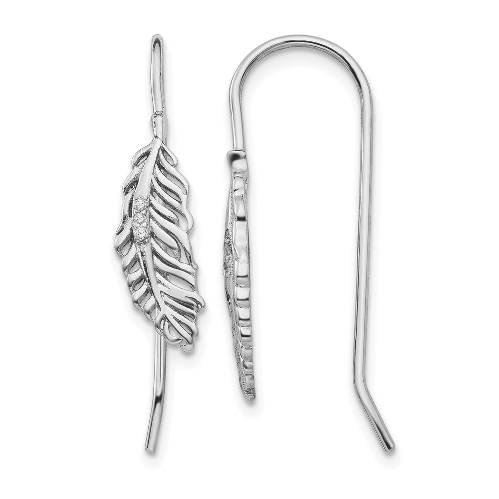 Sterling Silver RH Plated White Ice Diamond Feather Dangle Earrings