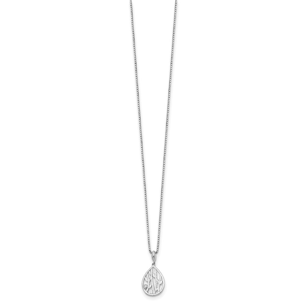 Sterling Silver RH Plated White Ice Diamond Leaf Pendant Necklace
