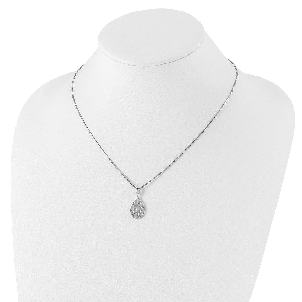 Sterling Silver RH Plated White Ice Diamond Leaf Pendant Necklace