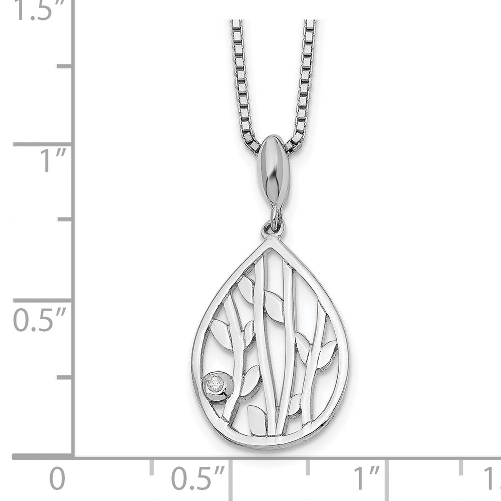 Sterling Silver RH Plated White Ice Diamond Leaf Pendant Necklace