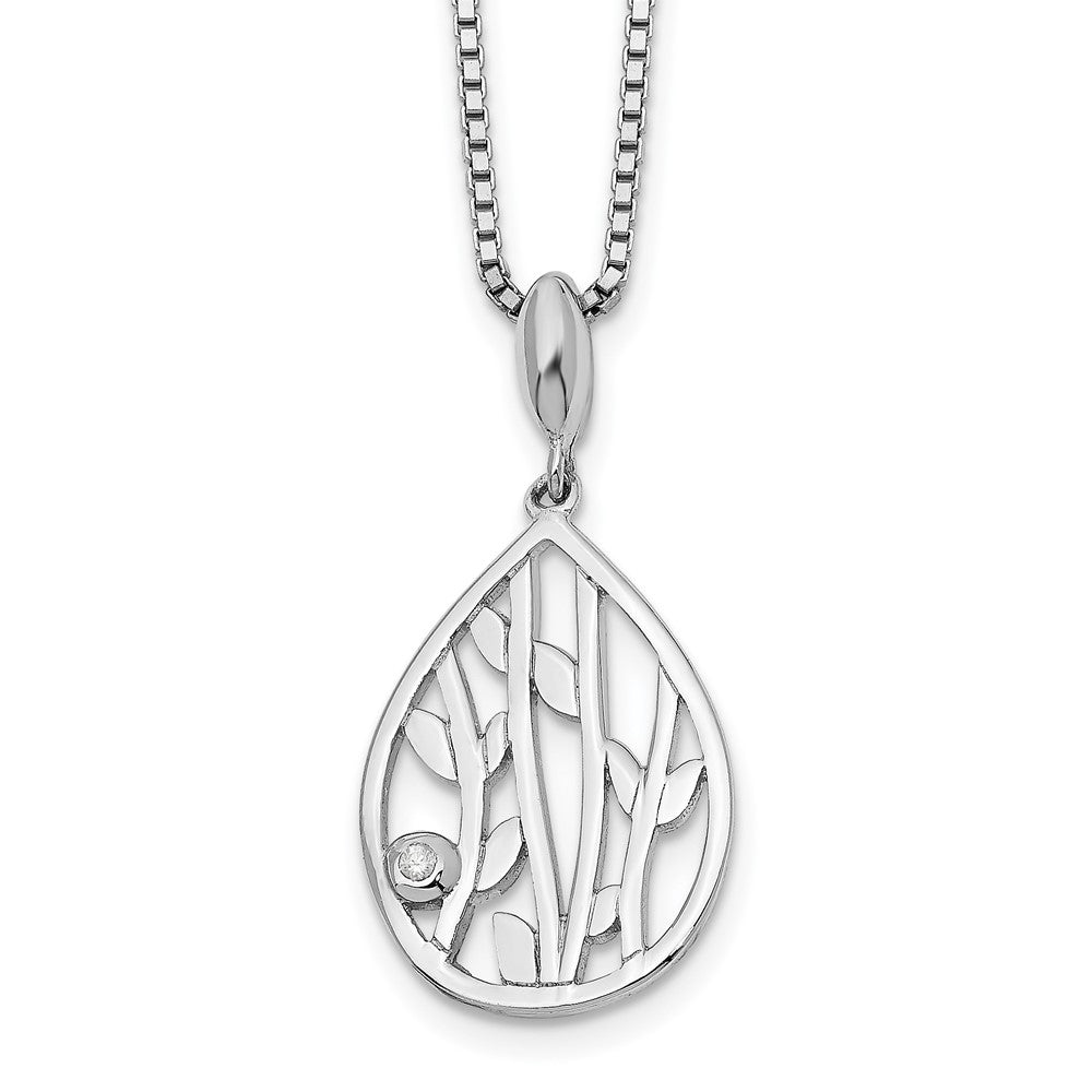Sterling Silver RH Plated White Ice Diamond Leaf Pendant Necklace
