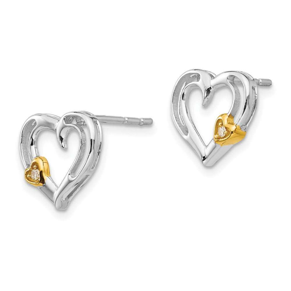 Sterling Silver RH Plated White Ice Diamond Gold-Tone Heart Earrings