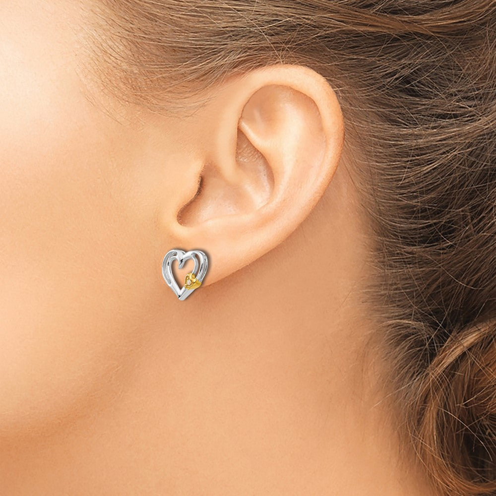 Sterling Silver RH Plated White Ice Diamond Gold-Tone Heart Earrings