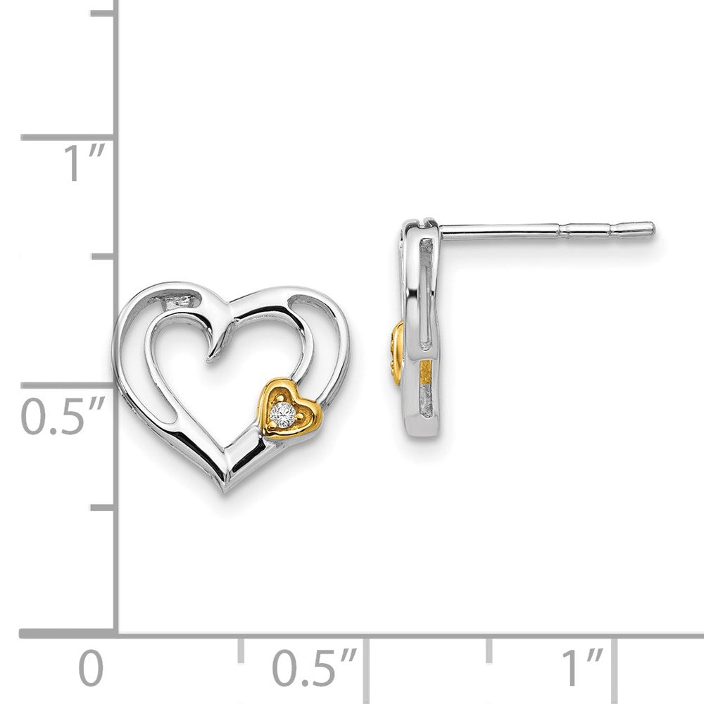 Sterling Silver RH Plated White Ice Diamond Gold-Tone Heart Earrings