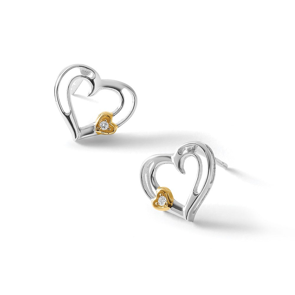 Sterling Silver RH Plated White Ice Diamond Gold-Tone Heart Earrings