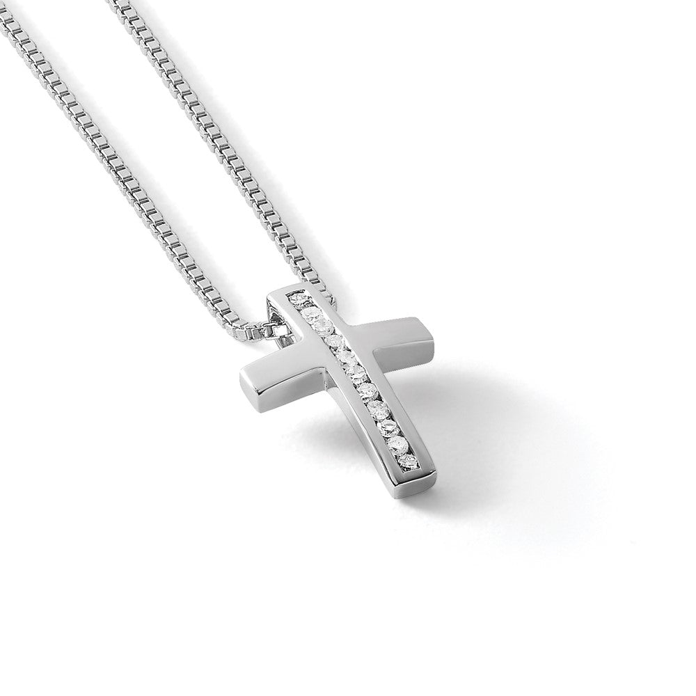 Sterling Silver RH Plated White Ice Diamond Cross Pendant Necklace