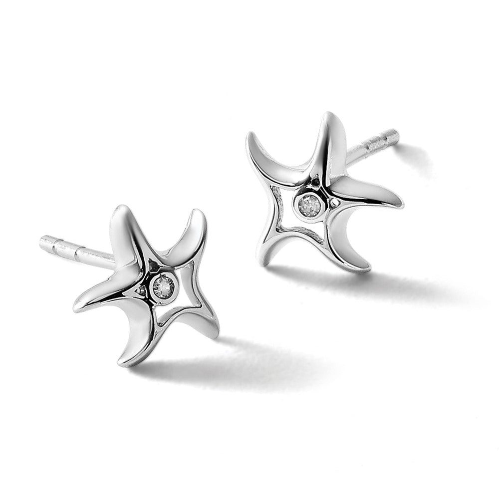 Sterling Silver RH Plated White Ice Diamond Starfish Post Earrings