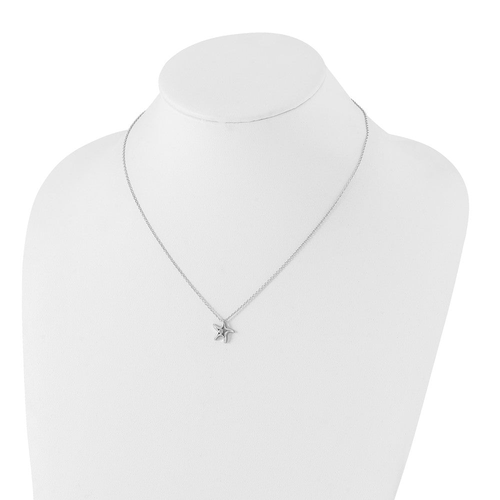 Sterling Silver RH Plated White Ice Diamond Starfish Slide Pendant Necklace