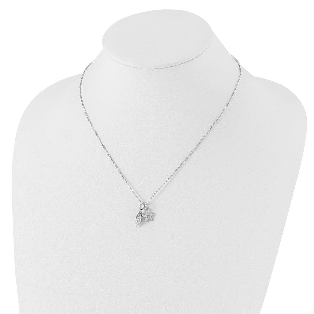 Sterling Silver RH Plated White Ice Diamond Shell 18in w/2in EXT Necklace