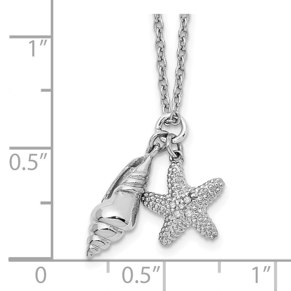 Sterling Silver RH Plated White Ice Diamond Shell 18in w/2in EXT Necklace