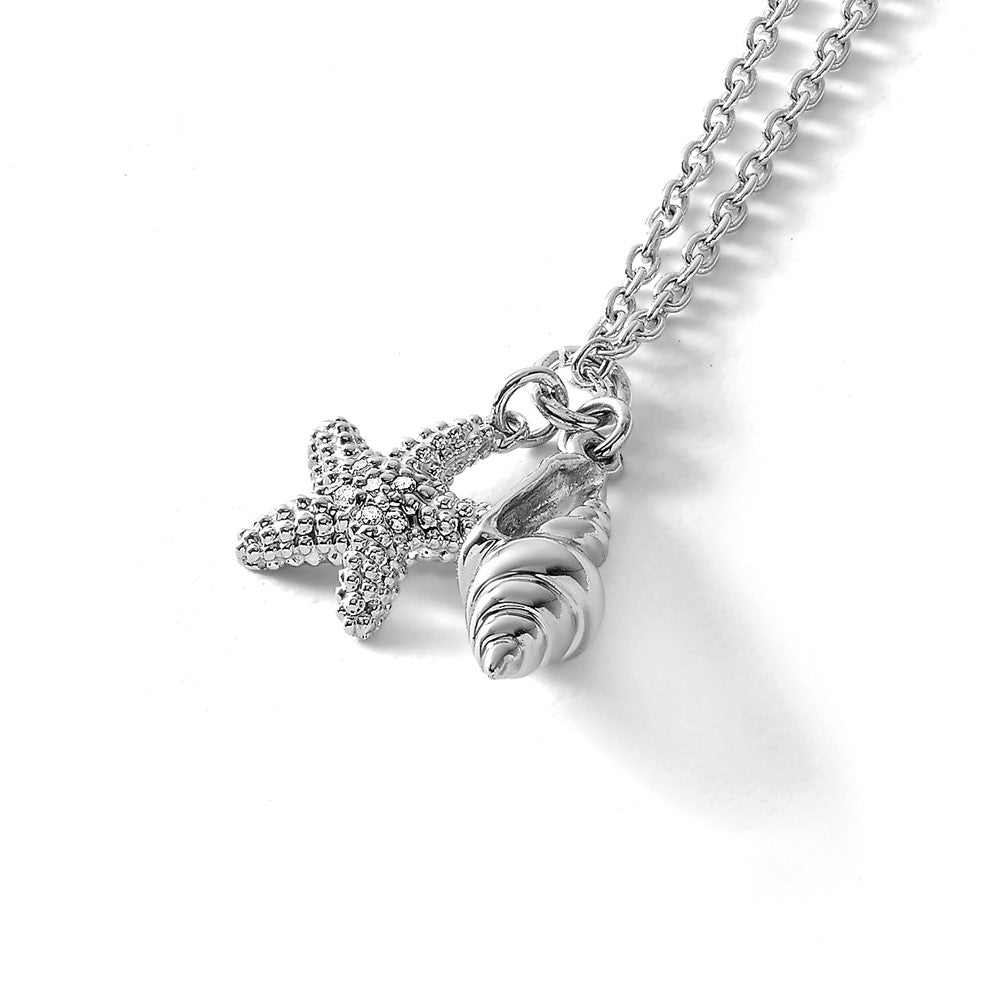 Sterling Silver RH Plated White Ice Diamond Shell 18in w/2in EXT Necklace