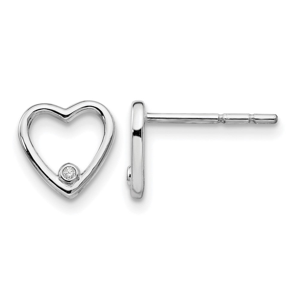 Sterling Silver RH Plated White Ice Diamond Heart Post Earrings