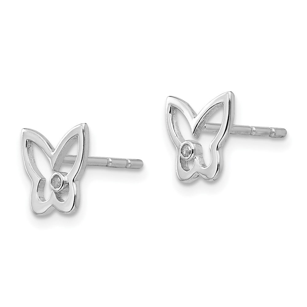 Sterling Silver RH Plated White Ice Diamond Butterfly Post Earrings