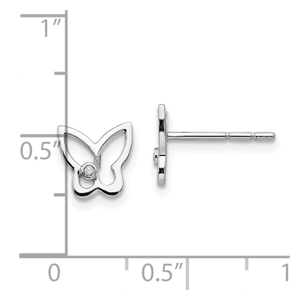 Sterling Silver RH Plated White Ice Diamond Butterfly Post Earrings