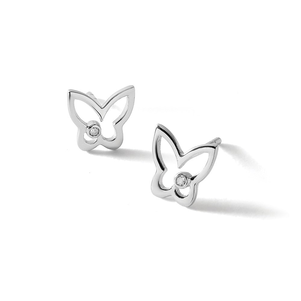 Sterling Silver RH Plated White Ice Diamond Butterfly Post Earrings