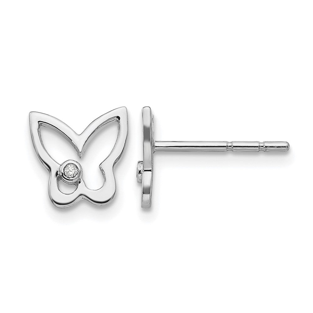 Sterling Silver RH Plated White Ice Diamond Butterfly Post Earrings