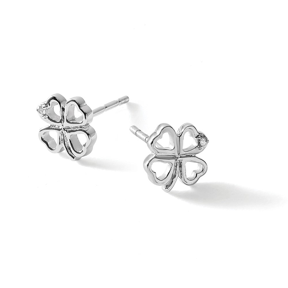Sterling Silver RH Plated White Ice Diamond Clover Post Earrings