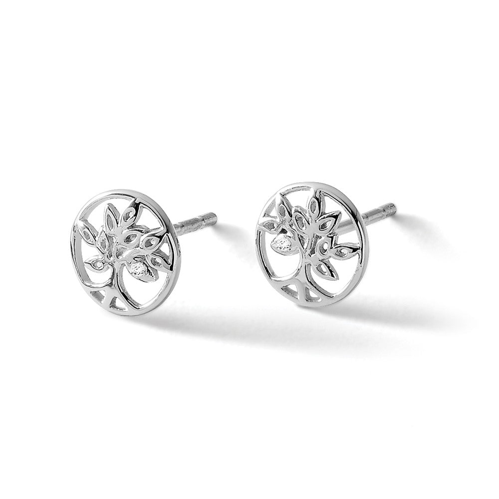 Sterling Silver RH Plated White Ice Diamond Tree Post Earrings