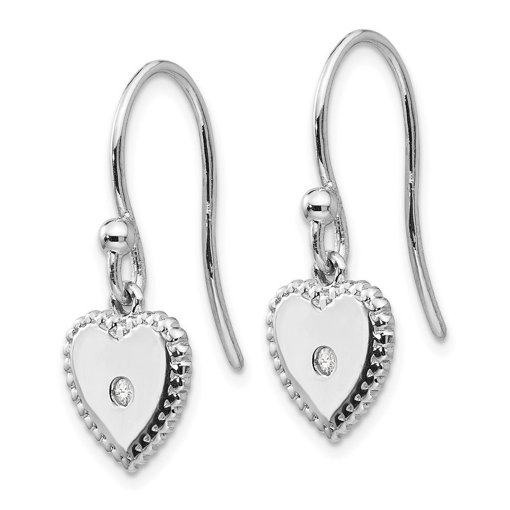 Sterling Silver RH Plated White Ice Diamond Heart Dangle Earrings