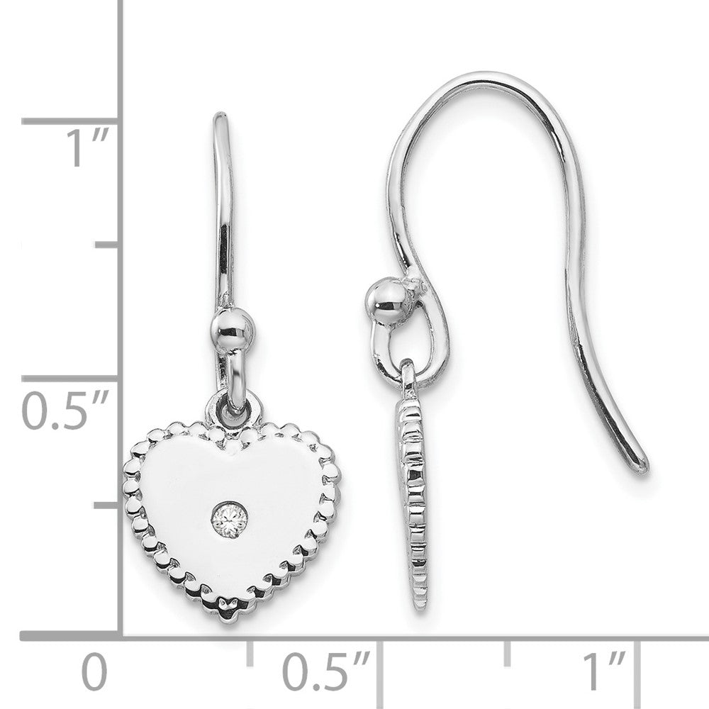 Sterling Silver RH Plated White Ice Diamond Heart Dangle Earrings