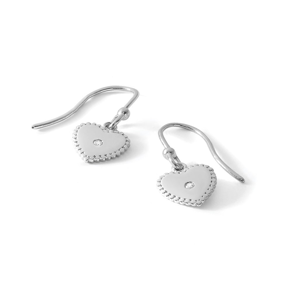 Sterling Silver RH Plated White Ice Diamond Heart Dangle Earrings